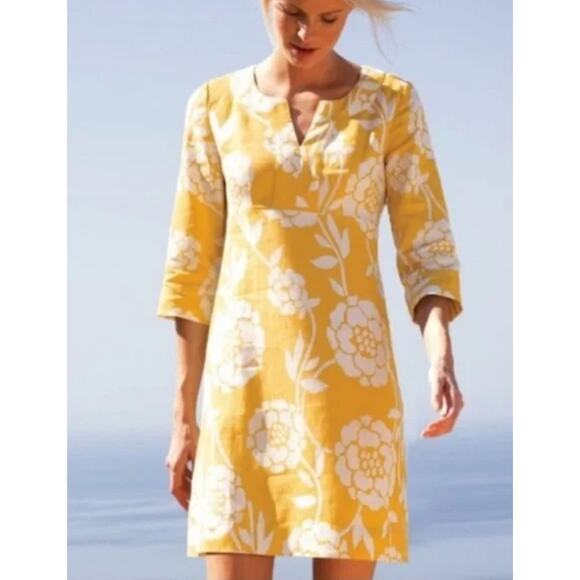 Boden Linen Shift Dress 10L Yellow White Floral 3/4 Sleeve Summer Resort Beachy - Picture 1 of 8